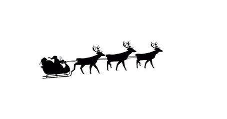 Digital image of black silhouette of santa claus in sleigh being pulled by reindeers