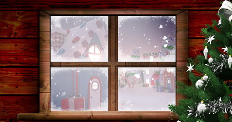 Digital image of wooden window frame against snow falling on houses and trees on winter landscap