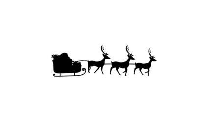 Digital image of black silhouette of santa claus in sleigh being pulled by reindeers against whi