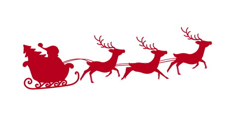 Digital image of red silhouette of santa claus in sleigh being pulled by reindeers against white