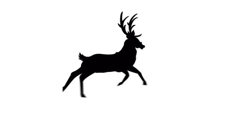 Digital image of black silhouette of reindeer running against white background