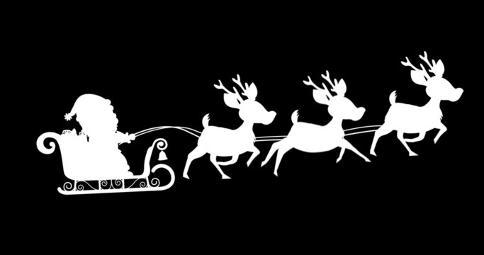 Digital image of silhouette of santa claus in sleigh being pulled by reindeers against black bac