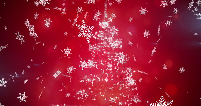Digital image of snowflakes falling against christmas tree on red background