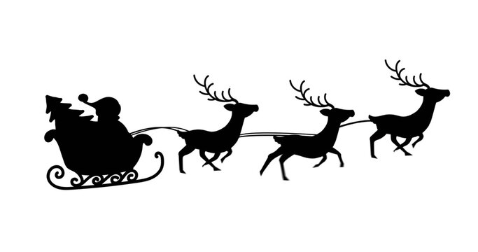 Digital image of black silhouette of santa claus and christmas tree in sleigh being pulled by re