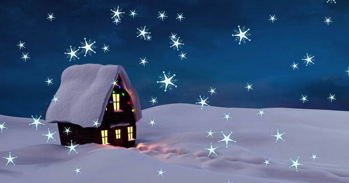 Digital image of multiple glowing stars falling against house covered in snow