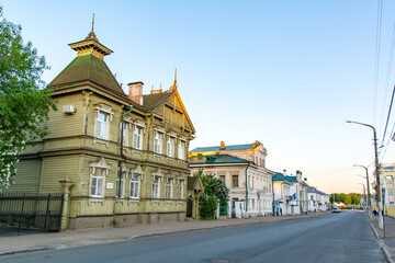 Kostroma, Russia. May 23,2021. Street of old wooden houses in a provincial town.