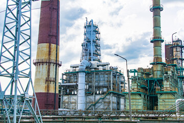 Route M6. Russia. May 23, 2021. Oil and gas refinery with pipeline steel fittings. A close-up view of an industrial oil refinery.