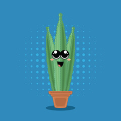 Happy kawaii cactus character with a big smile on halftone background
