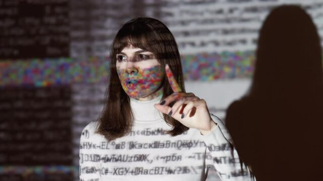 Problem solution. Tough decision. Life challenge. Computer virus. Confused pensive woman struggling with difficult choice on computer error symbols pixel glitch noise projection.