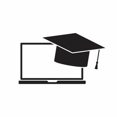 Education online concepts. Laptop with a graduation cap on screen sketch icon. Distance online learning at computer symbol