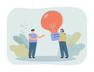 Fototapeta na wymiar Cartoon woman giving giant lightbulb to man. Female character helping male with ideas flat vector illustration. Teamwork, inspiration, startup concept for banner, website design or landing web page