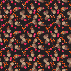 Colorful hand dawn autumn leaves on black background. Thanksgiving seamless pattern, fall textures