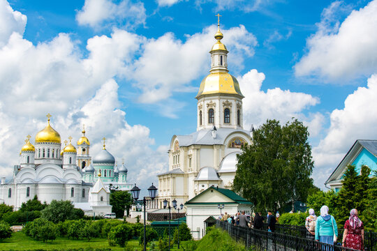 Diveevo, Russia. June 12, 2021. Orthodox church with golden domes with crosses. Christian temple.
