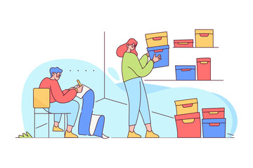 Teamwork collaboration arranging package box delivery and shipping service at warehouse