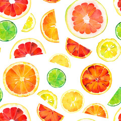 Obraz premium Watercolor citrus seamless pattern: orange, lemon, lime, grapefruit, bitter orange, mandarin, pomelo fruits