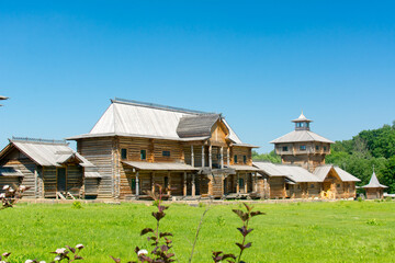 Spring of Sergius of Radonezh, Russia. June 22, 2021. Street of old wooden houses.