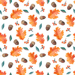Colorful hand dawn autumn leaves on white background. Thanksgiving seamless pattern, fall textures