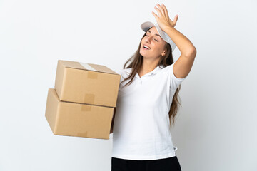 Young delivery woman over isolated white background has realized something and intending the solution