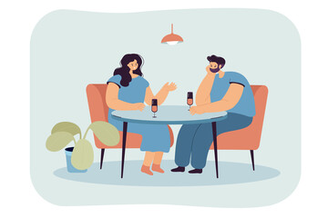 Cartoon husband ignoring wife while sitting at table drinking. Distant aloof lover showing indifference to woman flat vector illustration. Family, cool relationship, communication concept for banner
