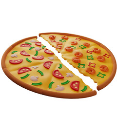 3d pizza of two halves with different tastes: with mushrooms and shrimps, isolated illustration on a white background, 3d rendering