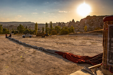Cappadocia, Turkey - September 1, 2021 - Cappadocia Panoramic hot air balloon landing in early...