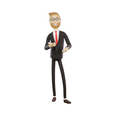 3d character businessman with glasses telling something, presentation concept, meeting, isolated illustration on white background, 3d rendering