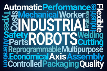 Industrial Robots Word Cloud on Blue Background