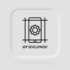 Mobile app development thin line icon. Cogwheel on smartphone screen. Vector illustration.