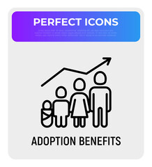 Adoption benefits thin line icon, family with child and baby and graph of growth. Modern vector illustration.