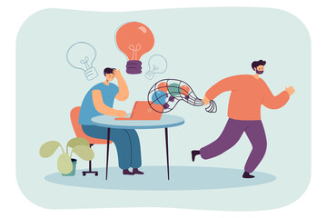 Thief stealing idea lightbulbs from content creator. Creative man working on laptop, pirate with bulbs in bag flat vector illustration. Plagiarism, theft, piracy, copyright infringement concept