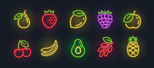 Vector neon fruits isolated linear set. Neon fruits illuminated icons
