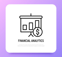 Financial analytics thin line icon, graph of growth with dollar sign. Modern vector illustration.