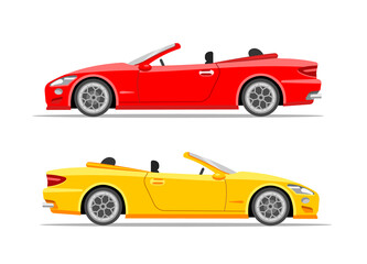 Modern sports cars. Coupe. Red and yellow. Vector flat illustration