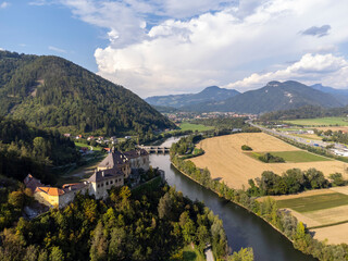Fototapeta na wymiar aerial view of castle Rabenstein near the village Frohnleiten in Styria, Austria
