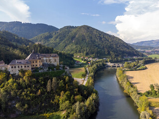 aerial view of castle Rabenstein near the village Frohnleiten in Styria, Austria