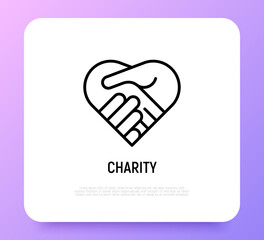 Handshake in heart thin line icon. Symbol of charity, togetherness, agreement and collaboration. Modern vector illustration.