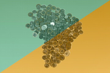 various metallic coins of real of brazil on green and yellow background