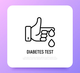 Diabetes test thin line icon, drop of blood from finger. Blood test. Modern vector illustration of laboratory research.