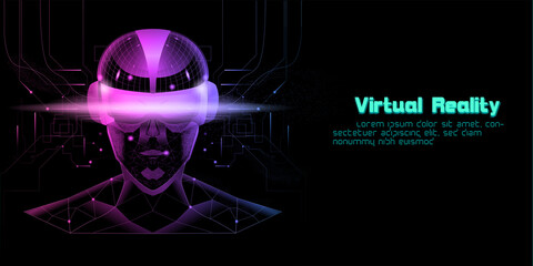 Silhouette polygon man wearing Virtual reality device (VR) Front view with digital text, cyberspace in abstract digital 3d world