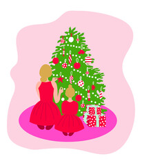 Mother and daughter sitting and decorating Christmas tree. Pastel pink colors. Christmas greeting card vector. Cartoon vector illustration. 