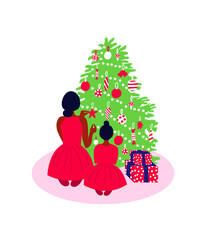 Mother and child decorating Christmas tree together. Christmas living room interior with Christmas tree and gift boxes. 