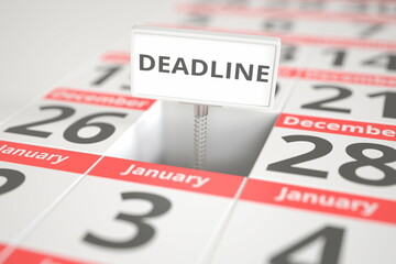 DEADLINE notice on December 27 in a calendar, 3d rendering