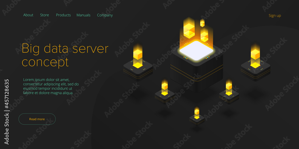 Poster big data technology in isometric vector illustration. information storage and analysis system. digit