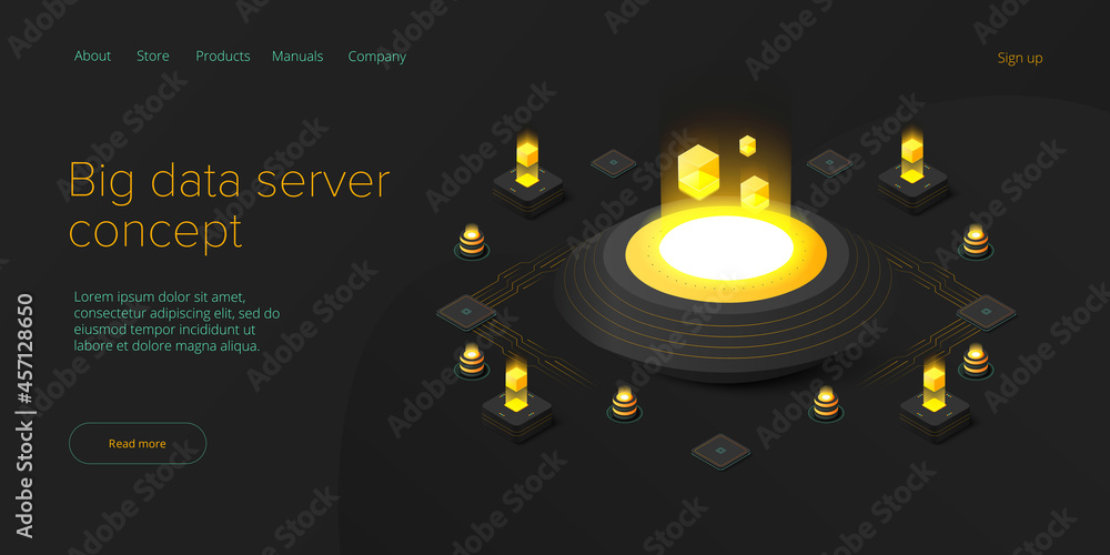 Poster big data technology in isometric vector illustration. information storage and analysis system. digit