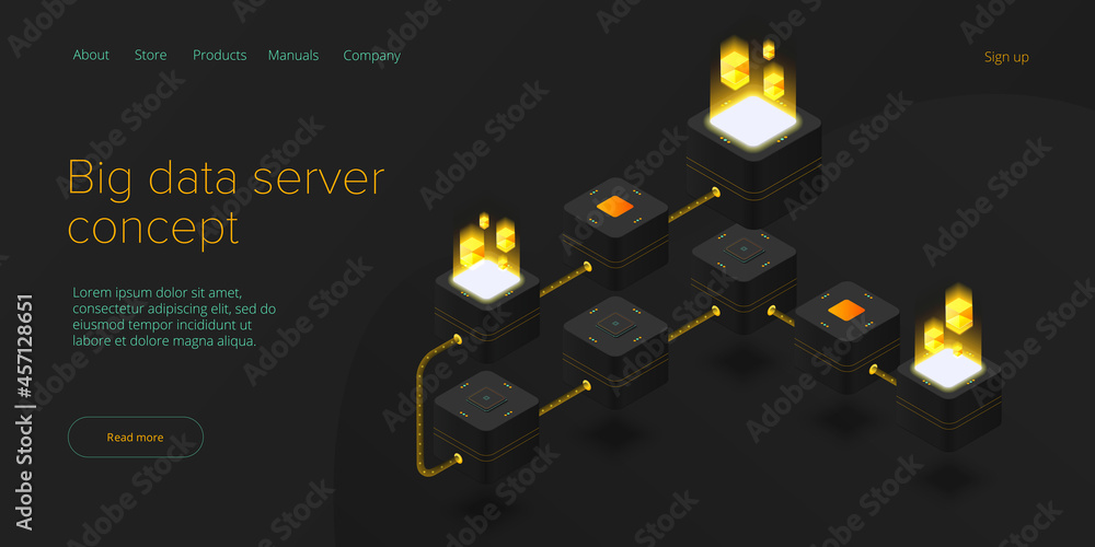 Poster big data technology in isometric vector illustration. information storage and analysis system. digit
