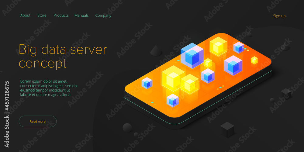 Poster big data technology in isometric vector illustration. information storage and analysis system. digit