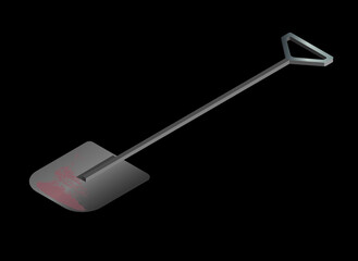 Isometric rusty shovel spade isolated on black background. Realistic vector illustration with grunge texture