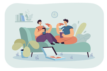 Happy cartoon boyfriend and girlfriend eating pizza together. Man and woman sitting on couch at home flat vector illustration. Relationship, love, junk food concept for banner or landing web page