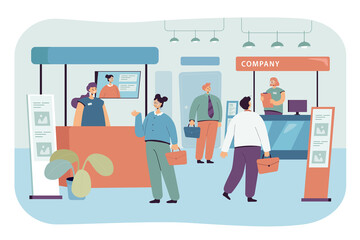 Visitors coming to exhibition in business center. Men and women at trade show flat vector illustration. Business marketing or presentation concept for banner, website design or landing web page