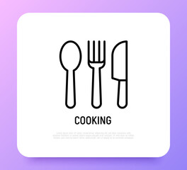 Cutlery set thin line icon. Fork, knife, spoon. Cooking. Modern vector illustration.